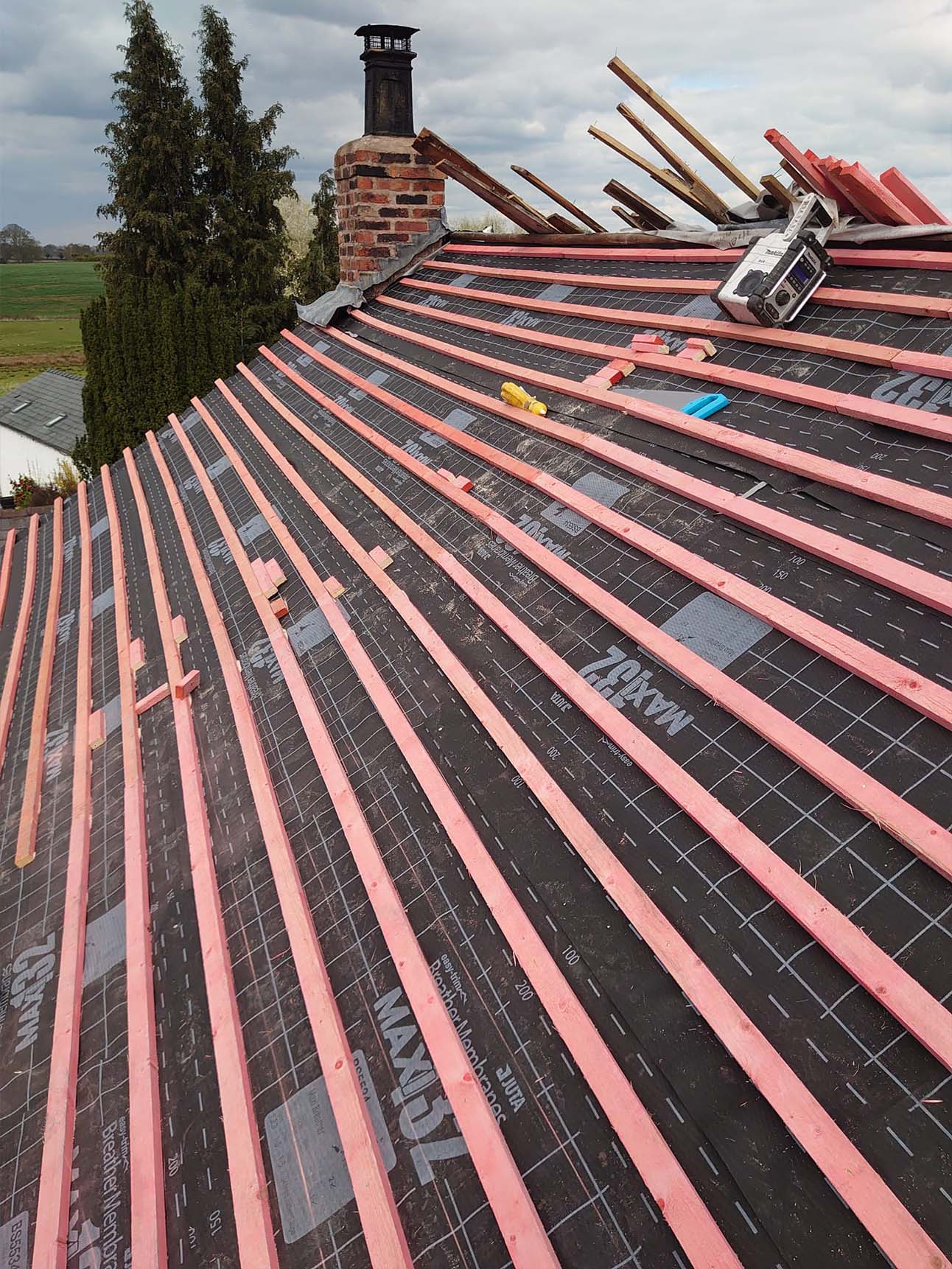 Slate tile roof in progress